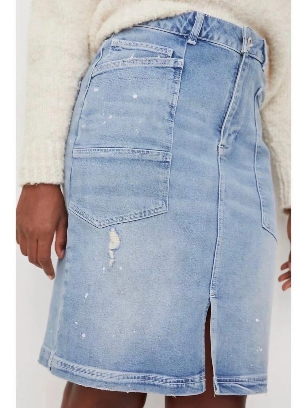 Anthropologie Pilcro Distressed Patchwork Paint Splatter Denim Midi Skirt Sz 12